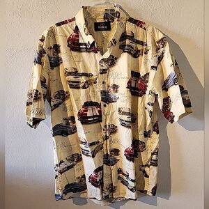 Redhead Hot Rod Drive In Classic Car Print Yellow Short Sleeve Button Mens Xl